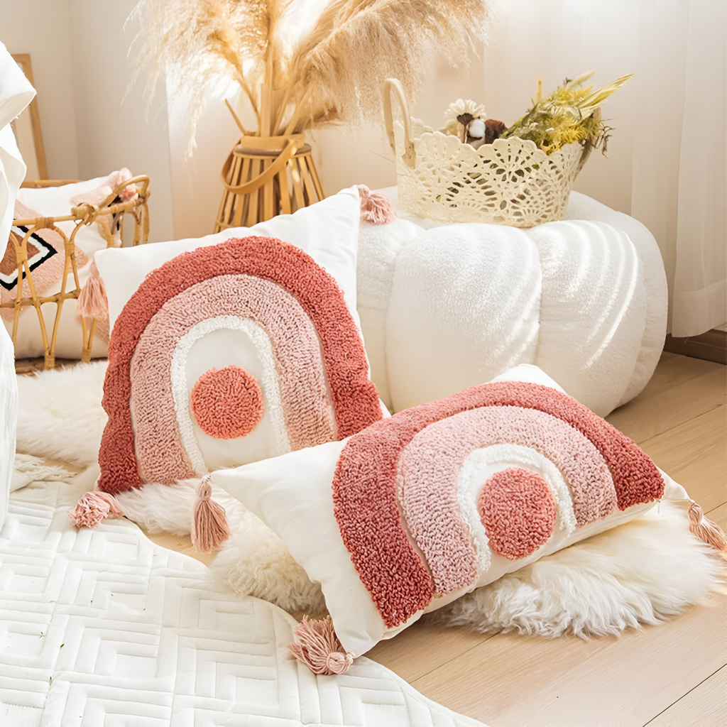 Housse de coussin boho brodée et touffetée – Rainbow Euro