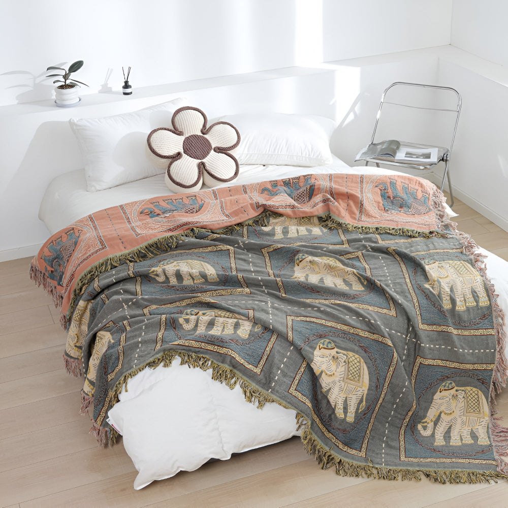 Plaid en coton à pompons éléphants bohème