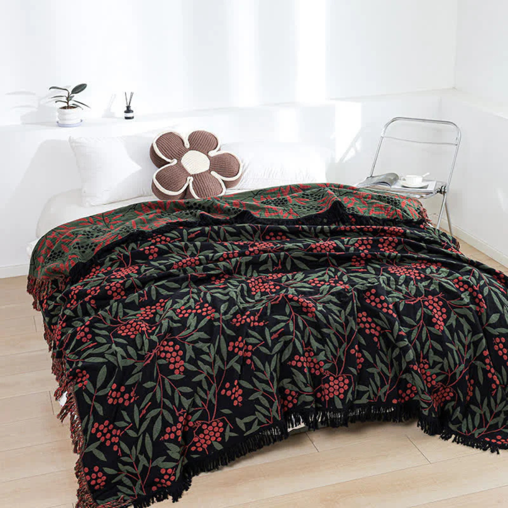 Plaid en coton à pompons bégonias et fruits – Noir & Rouge