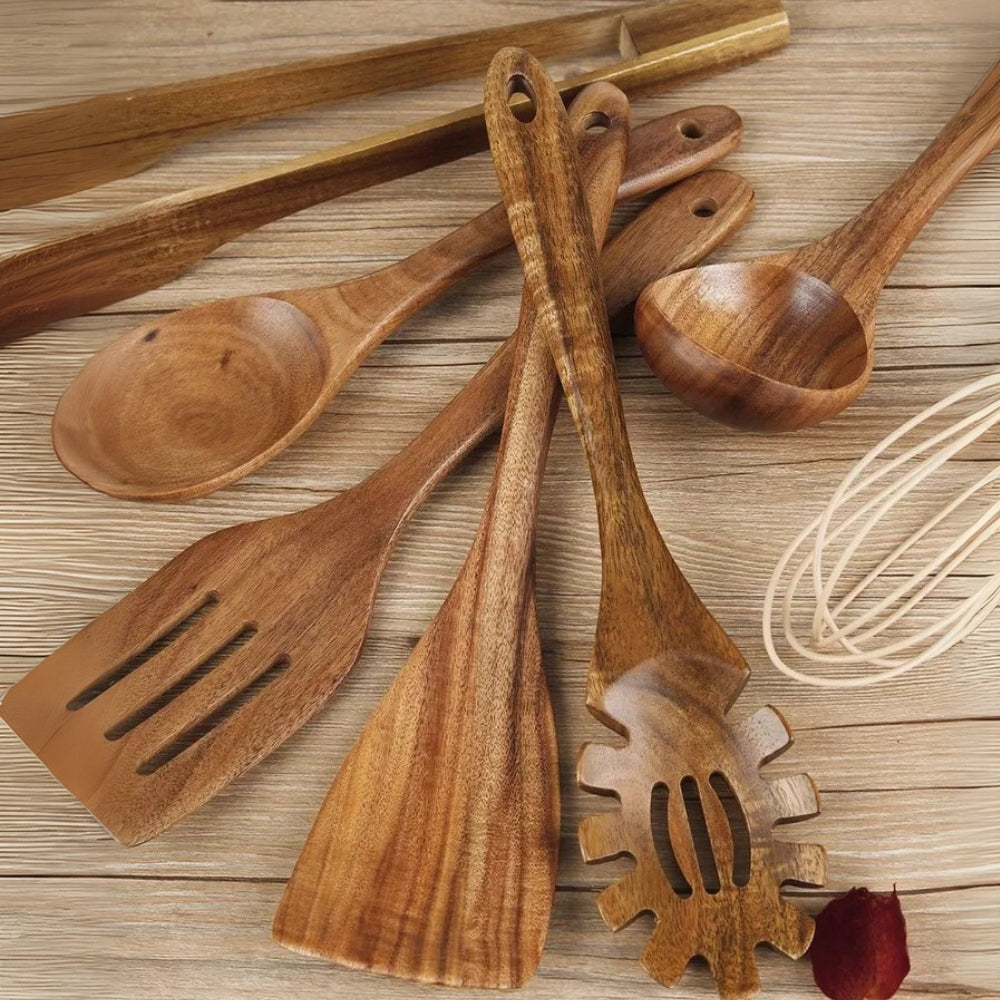 Ustensiles de cuisine en bois premium | Lot de 7