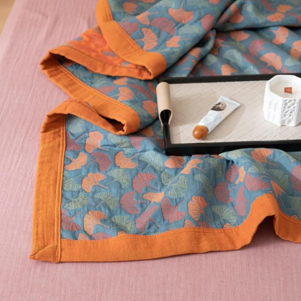 Plaid réversible imprimé feuilles de ginkgo