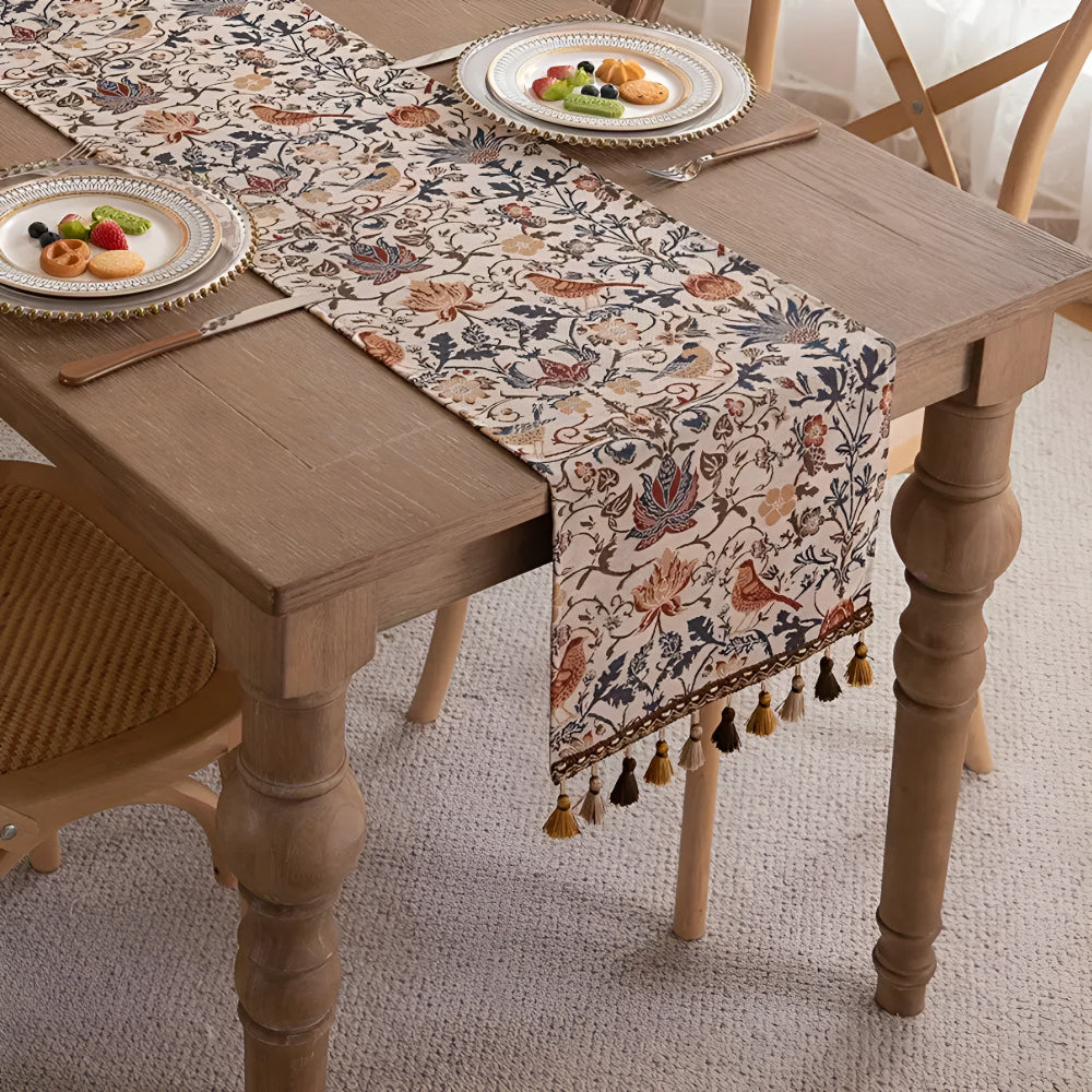 Chemin de table jacquard vintage fleurs et oiseaux
