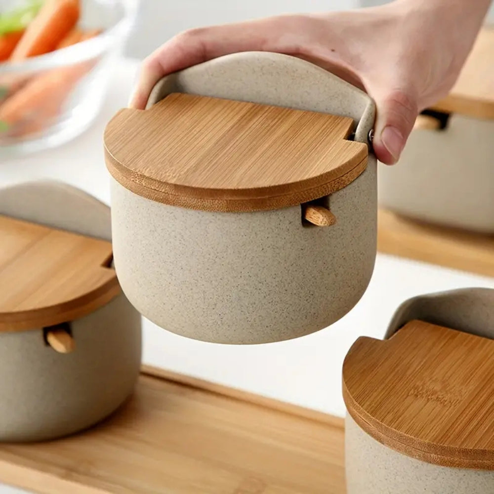 Set de pots à épices en céramique et bambou