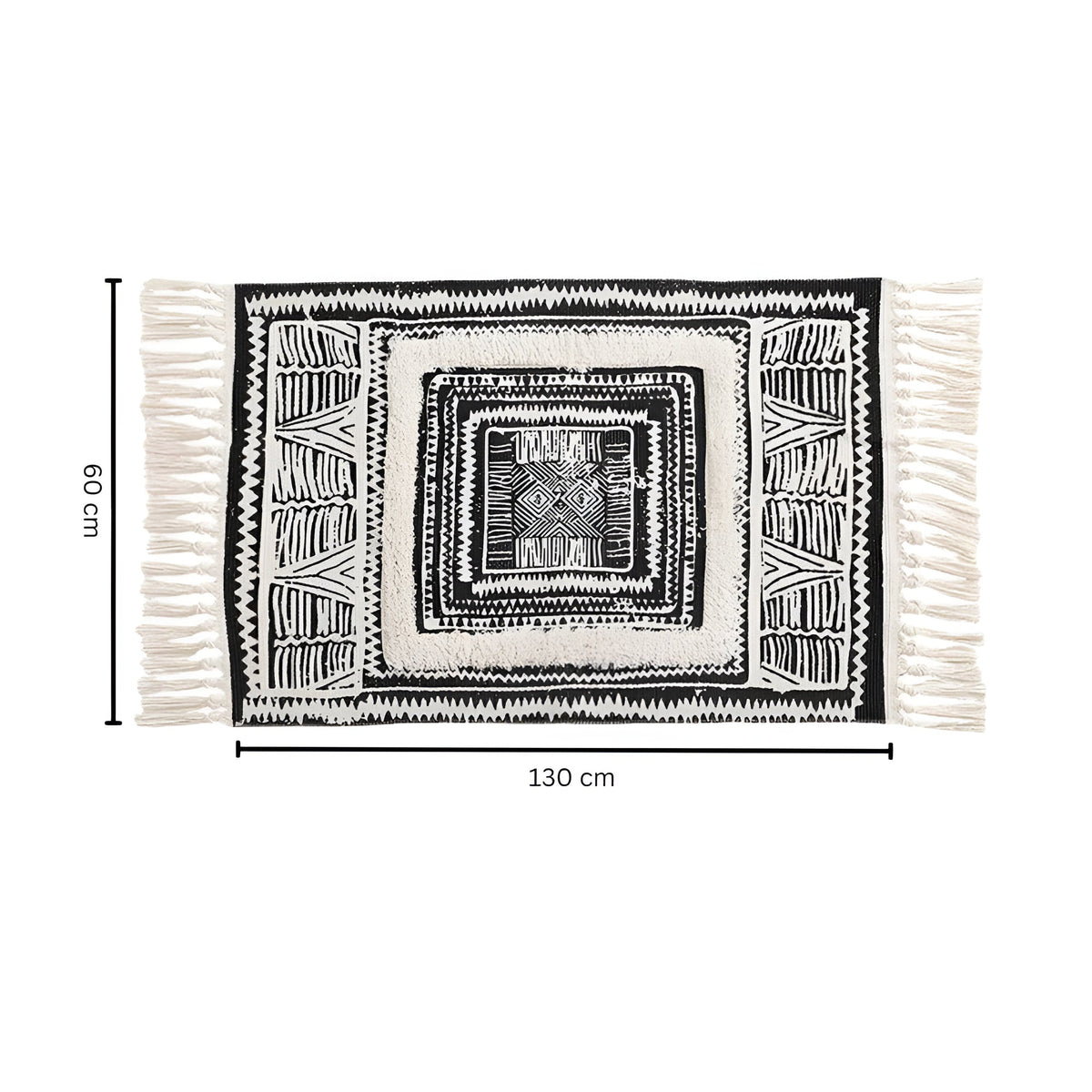 Tapis de sol géométrique noir et blanc à pompons