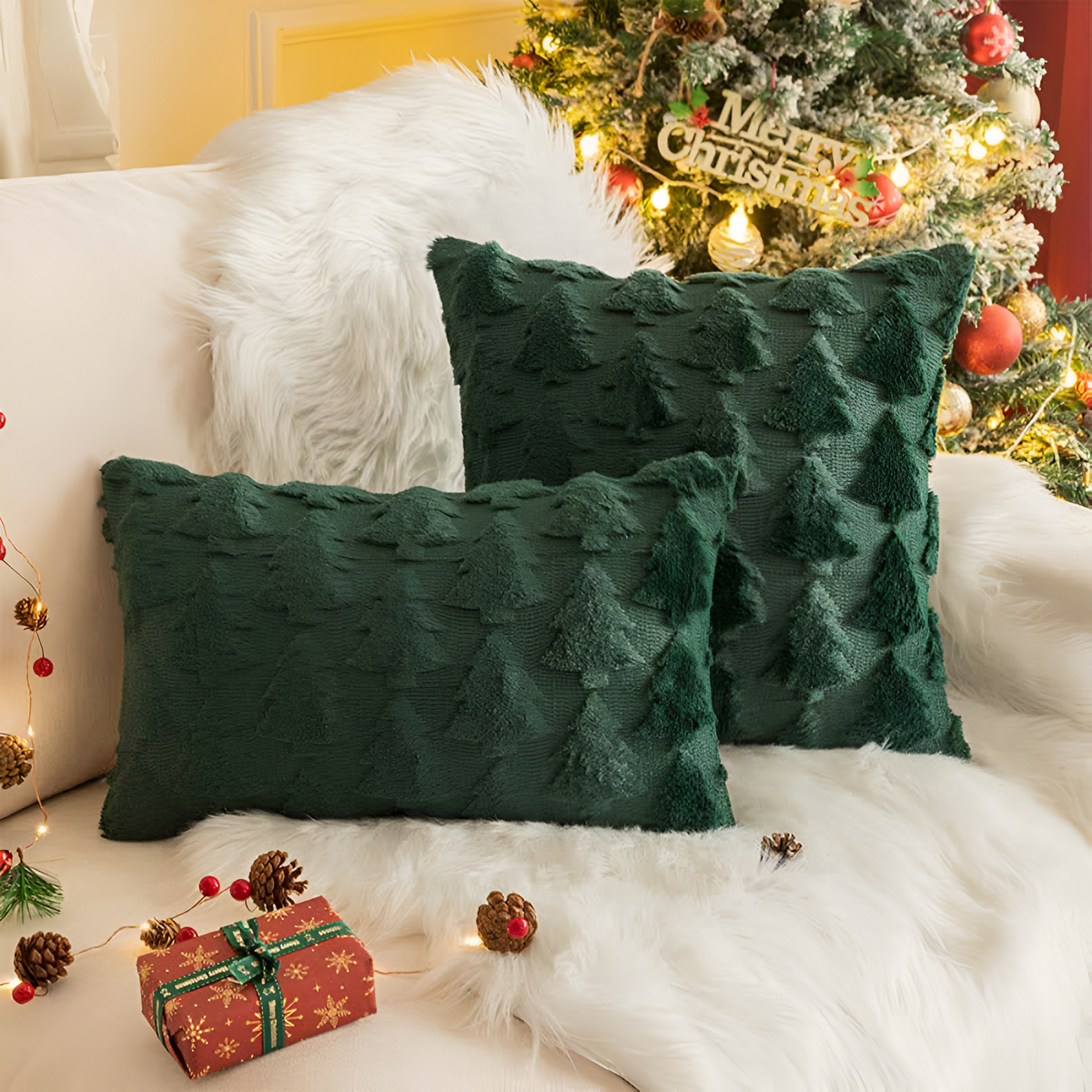 Taies d'oreiller moelleuses sapin de Noël – Vert foncé