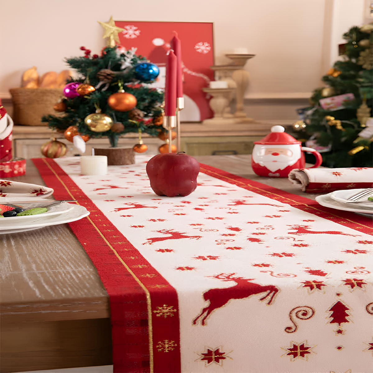 Chemin de table de fête à pompons – Blanc & Rouge