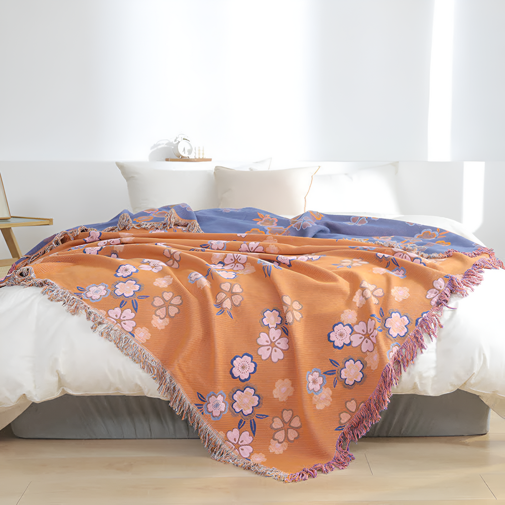Plaid à pompons fleurs épanouies – Orange & Violet
