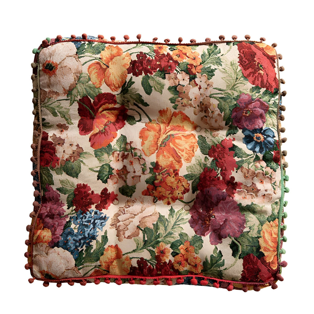 Coussin bohème rétro fleuri à pompons