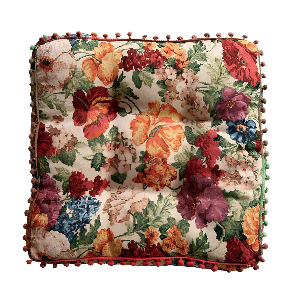 Coussin bohème rétro fleuri à pompons
