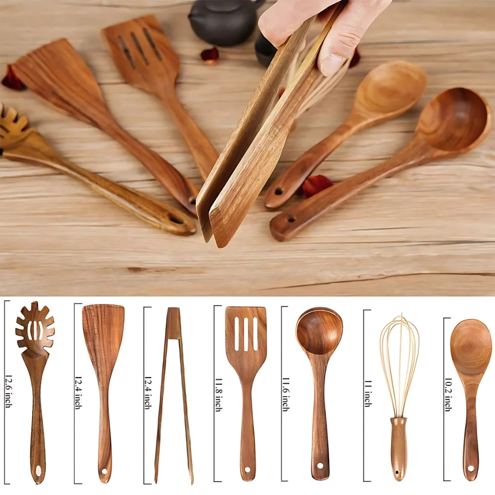 Ustensiles de cuisine en bois premium | Lot de 7