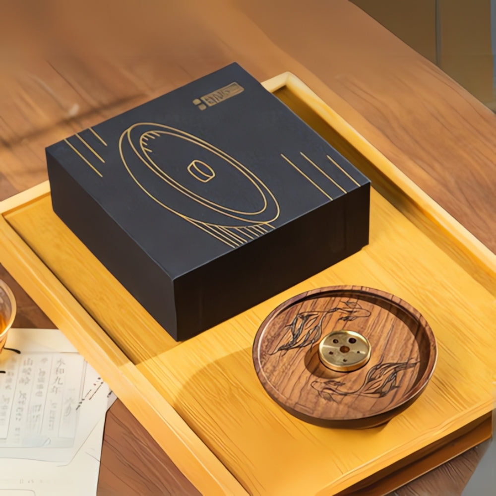 Porte-encens rond en bois et cuivre