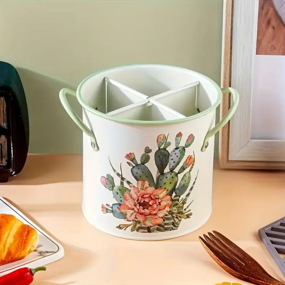 Panier à ustensiles fleuri avec couvercle séparateur