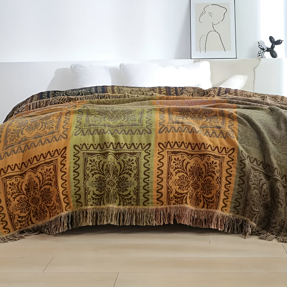 Plaid en coton à pompons mandala – Olive