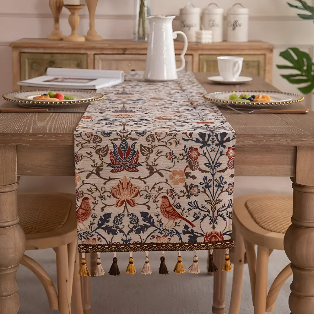 Chemin de table jacquard vintage fleurs et oiseaux