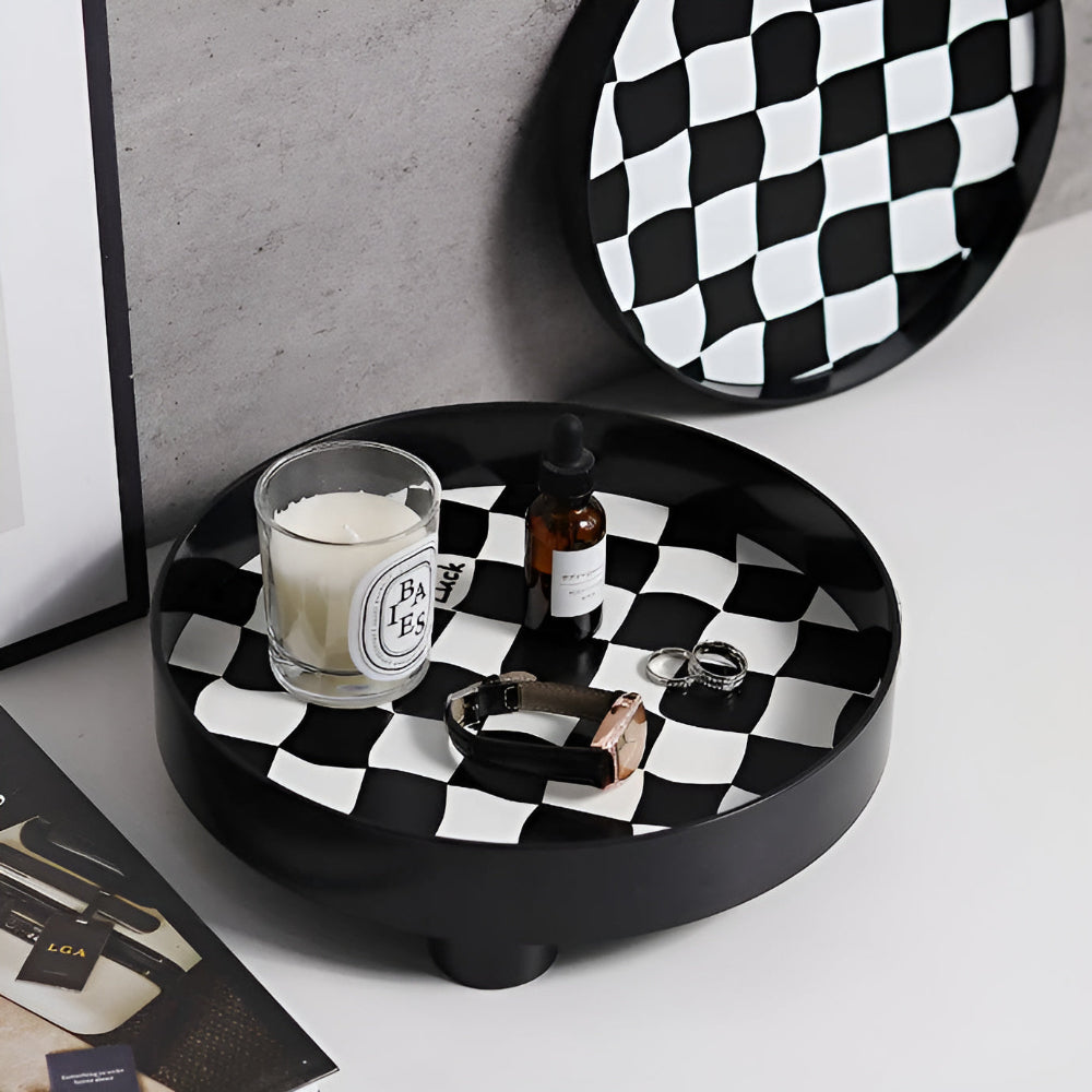 Plateau de rangement rond damier – Noir