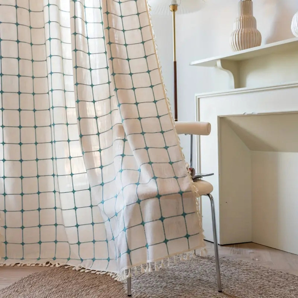 Rideau boho à pompons Turquoise Lattice