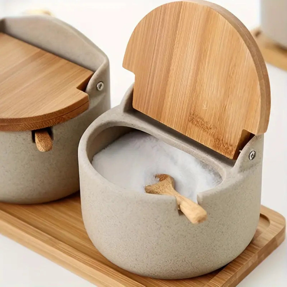 Set de pots à épices en céramique et bambou