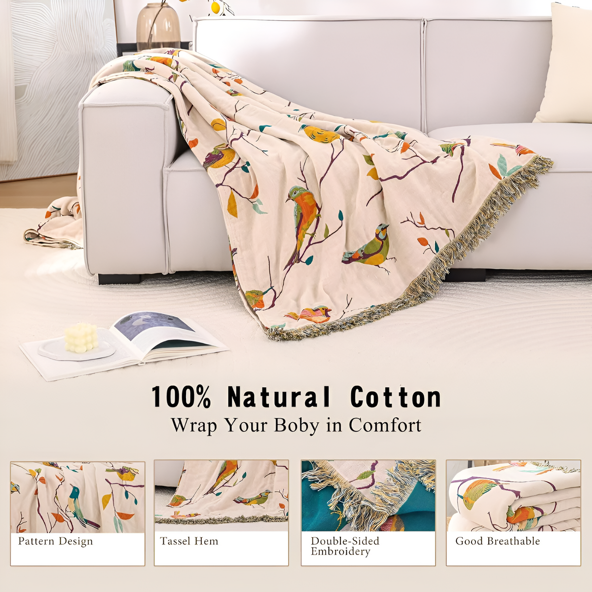 Plaid en coton à pompons motif oiseaux