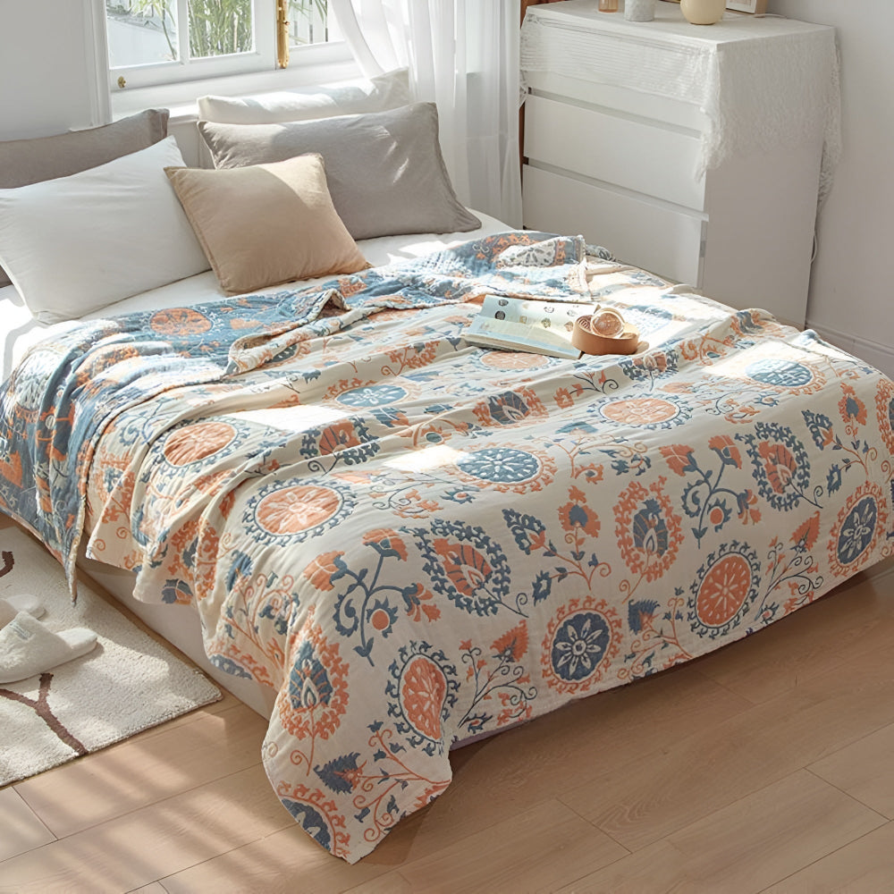 Plaid réversible en coton fleuri rustique – Beige