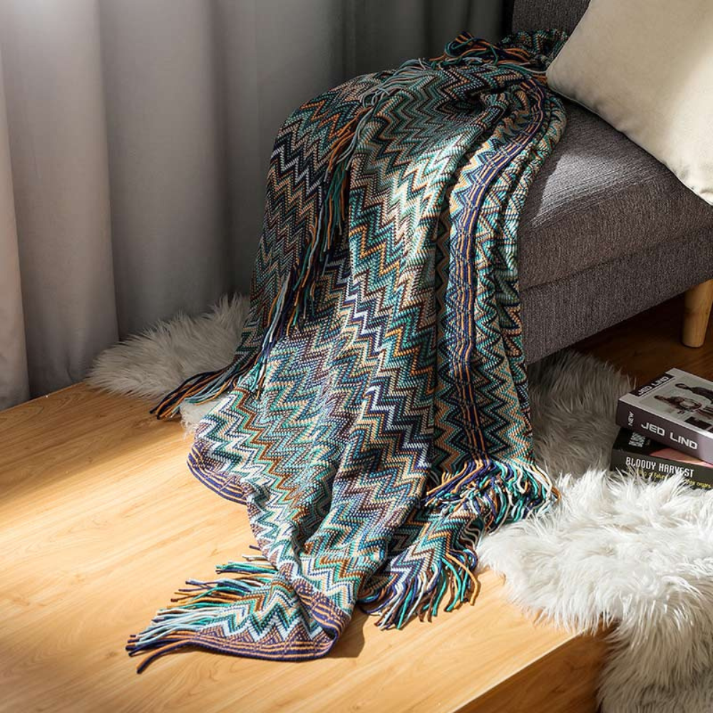 Plaid tricoté à pompons zigzag multicolore
