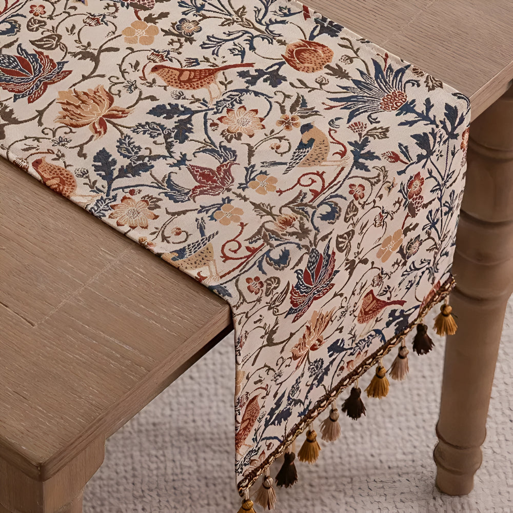 Chemin de table jacquard vintage fleurs et oiseaux