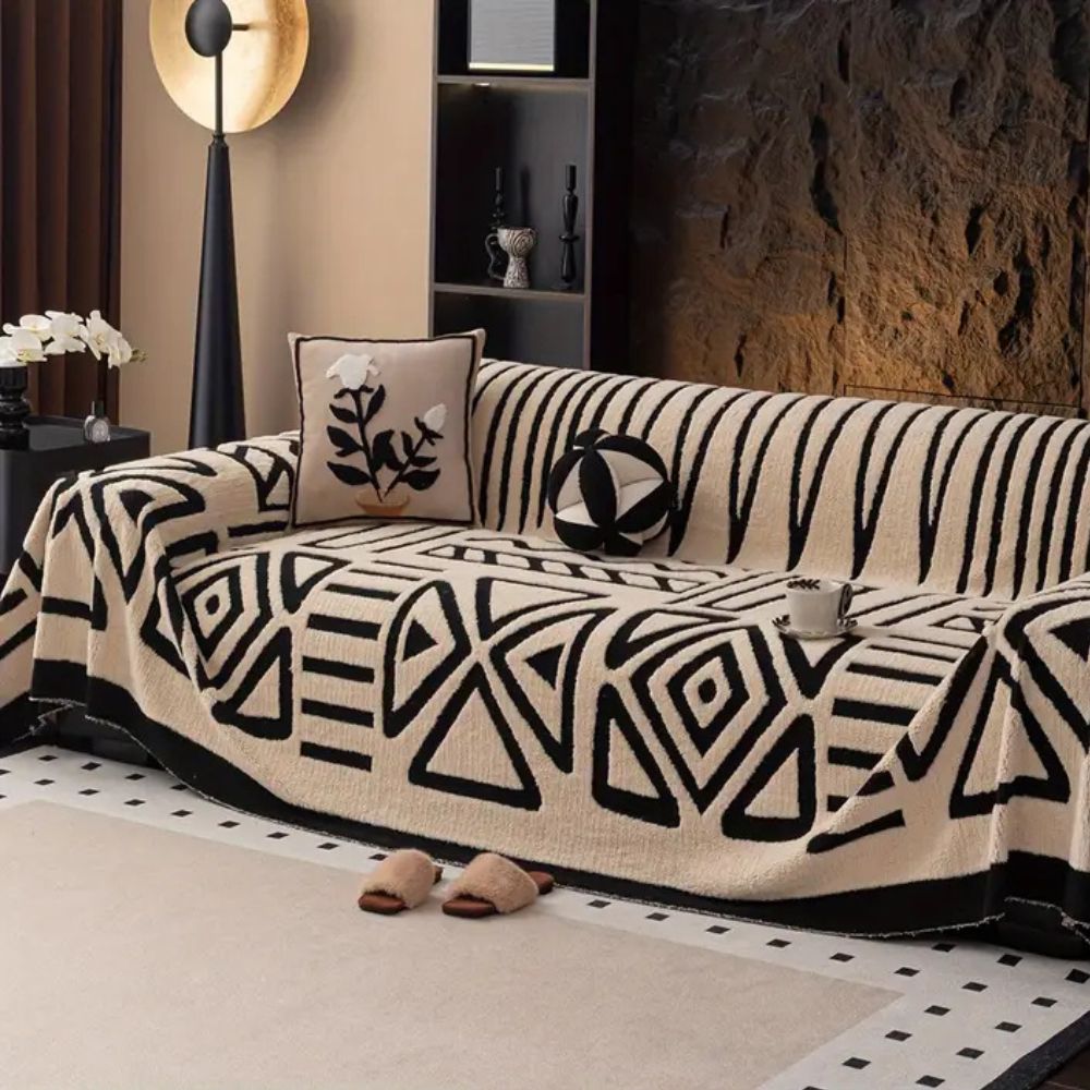Housse de canapé luxueuse motif labyrinthe urbain – Anthracite Noir