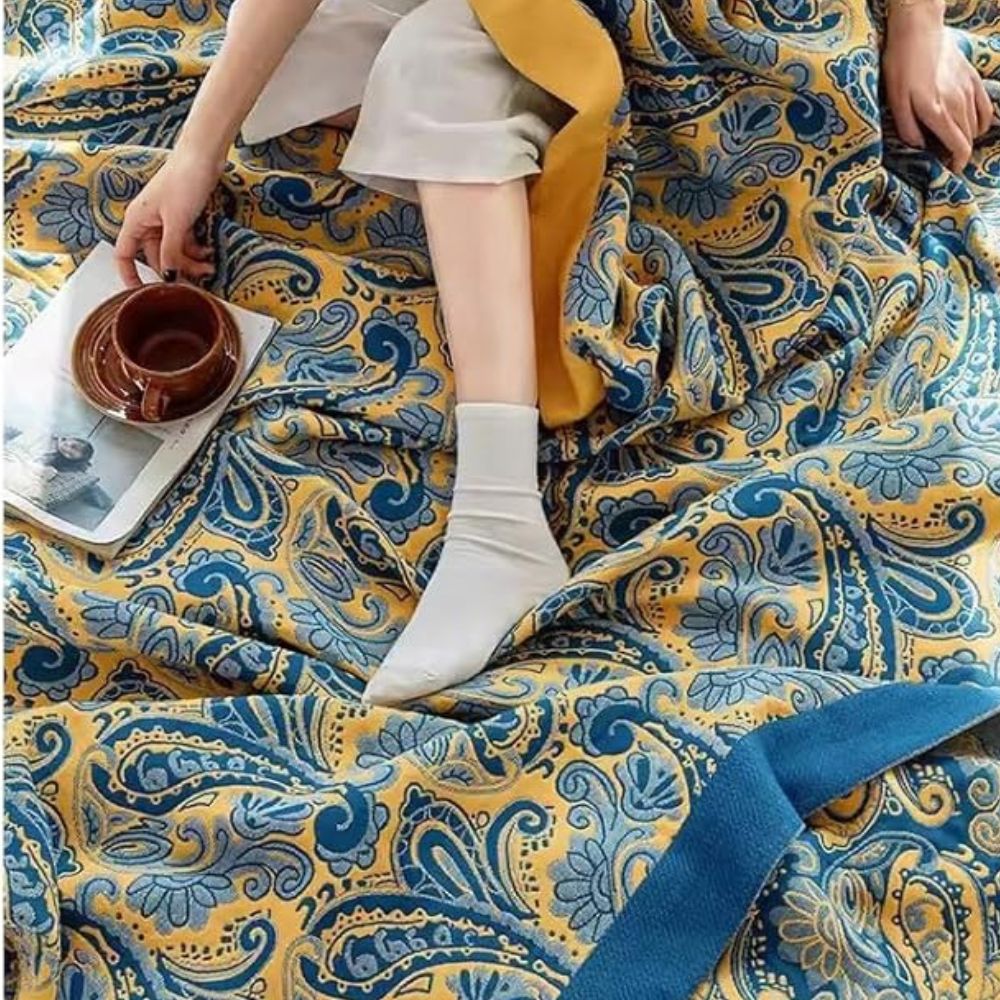 Plaid en coton rétro bleu azur et doré