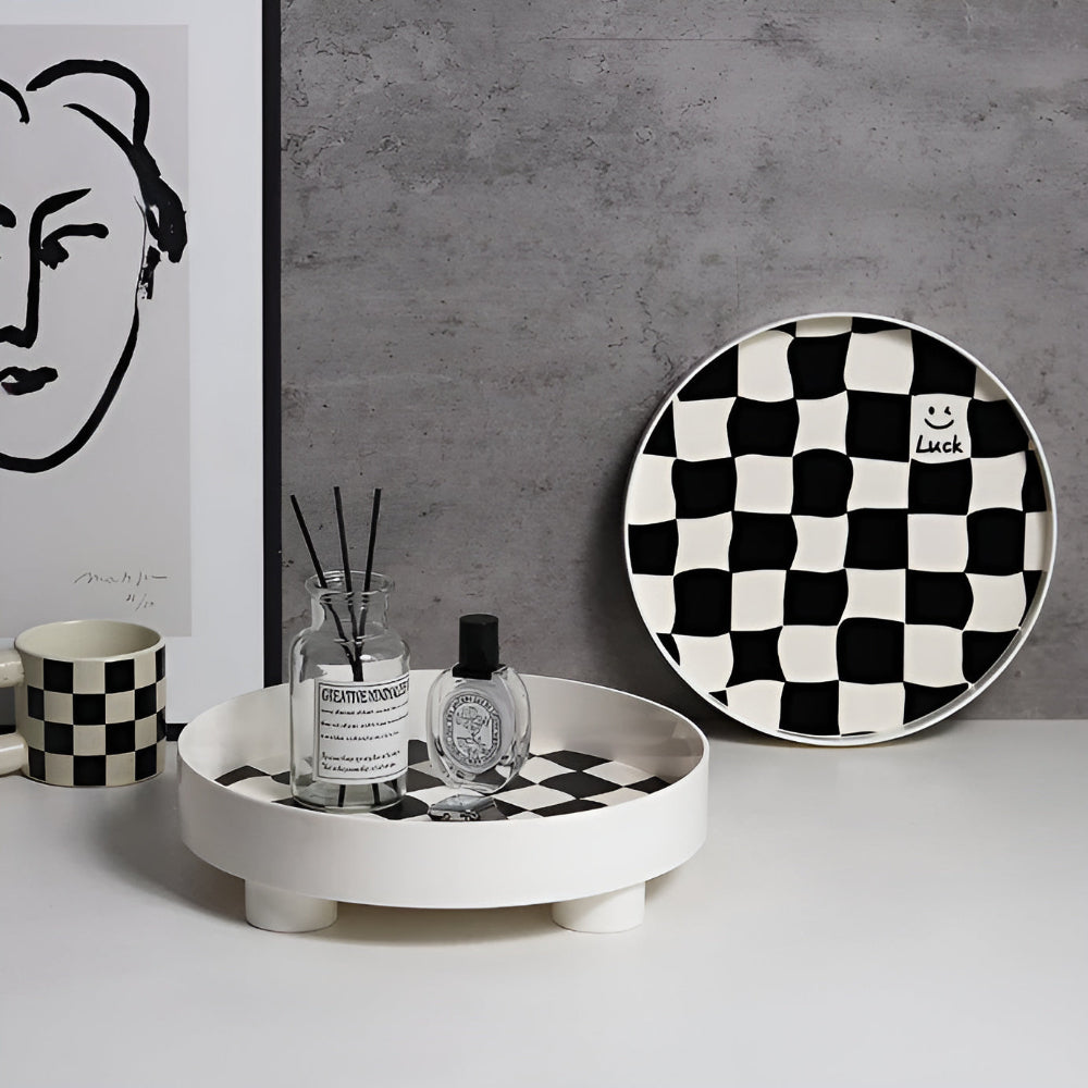 Plateau de rangement rond damier