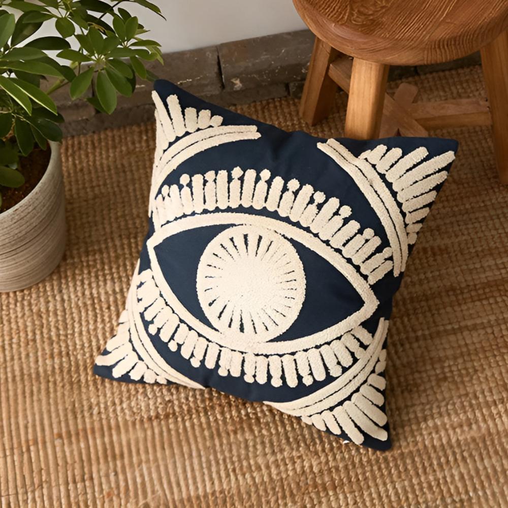 Housse de coussin brodée œil boho – Rose poudré