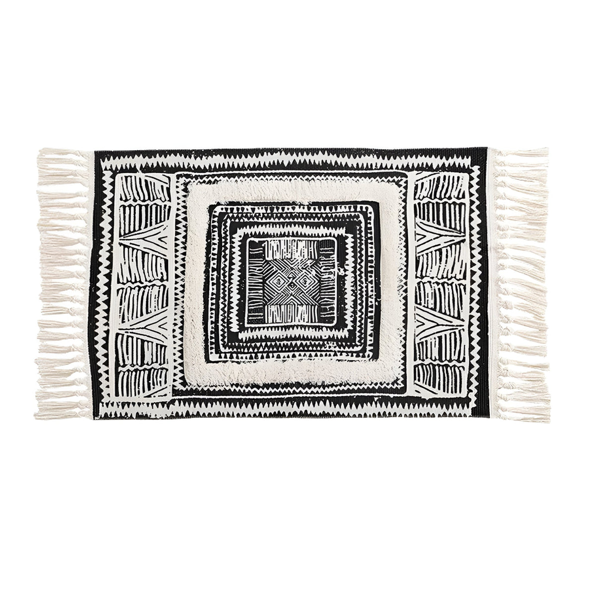 Tapis de sol géométrique noir et blanc à pompons