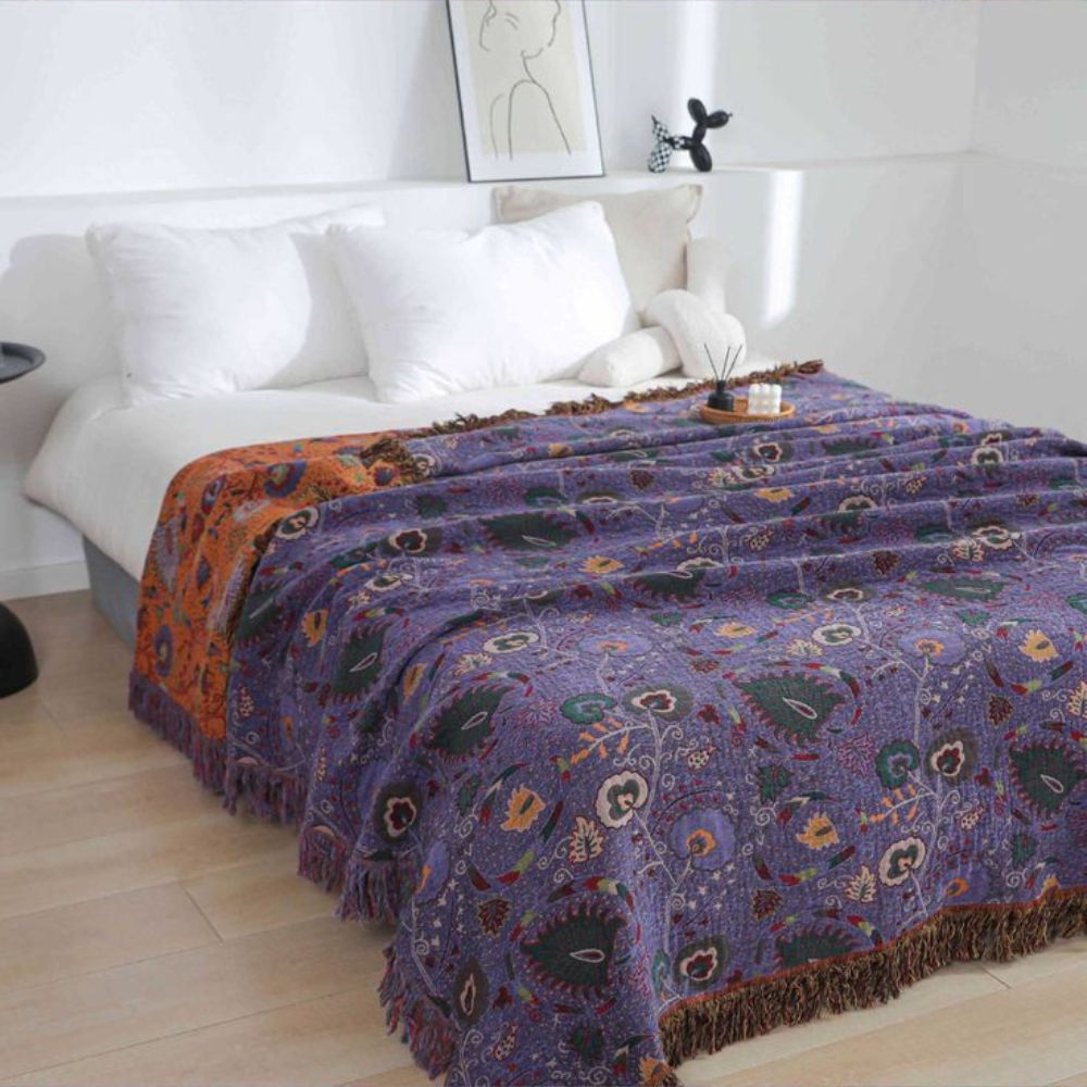 Plaid en coton à pompons motif paon – 60"x80"