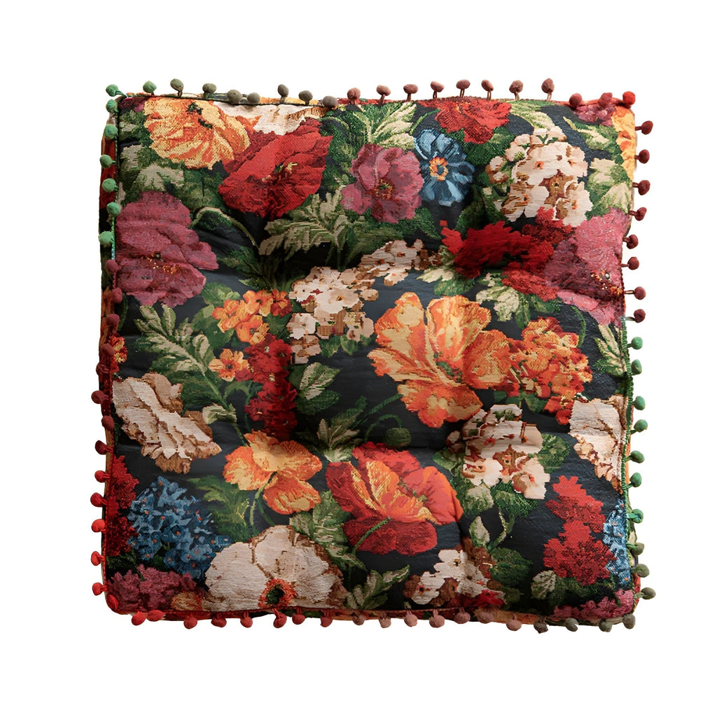Coussin bohème rétro fleuri à pompons