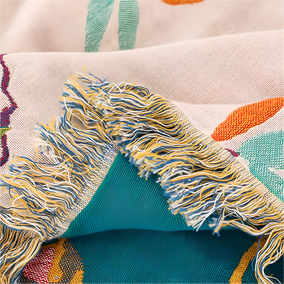 Plaid en coton à pompons motif oiseaux
