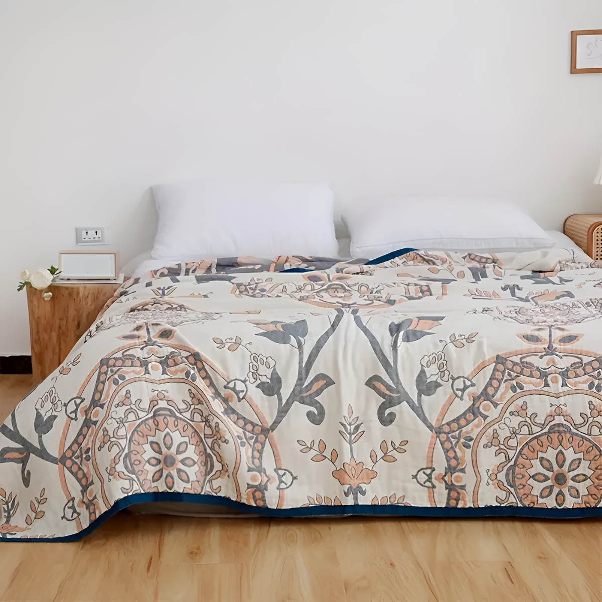 Plaid en coton à motif floral – Bleu