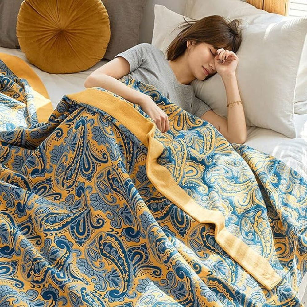 Plaid en coton rétro bleu azur et doré