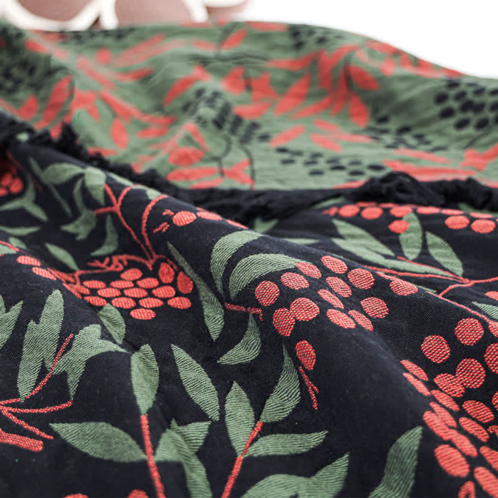 Plaid en coton à pompons bégonias et fruits