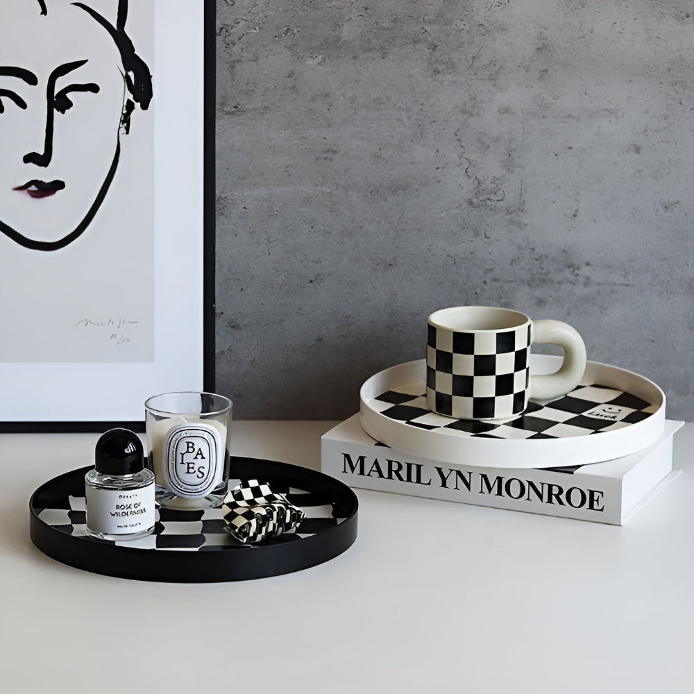Plateau de rangement rond damier