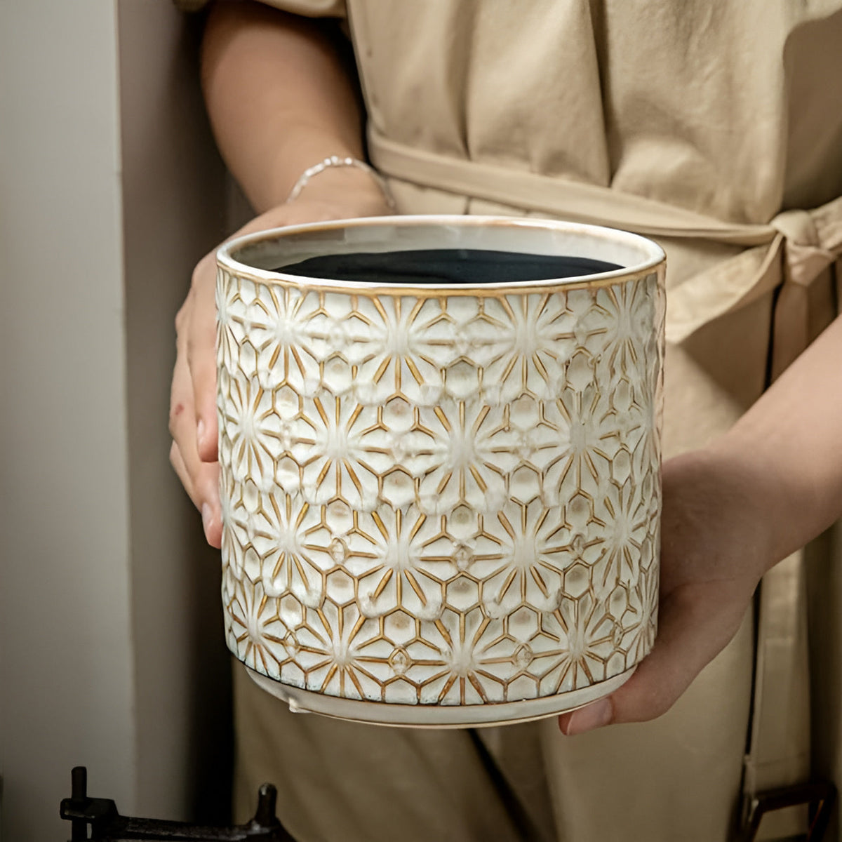 Pot à ustensiles en céramique fleuri