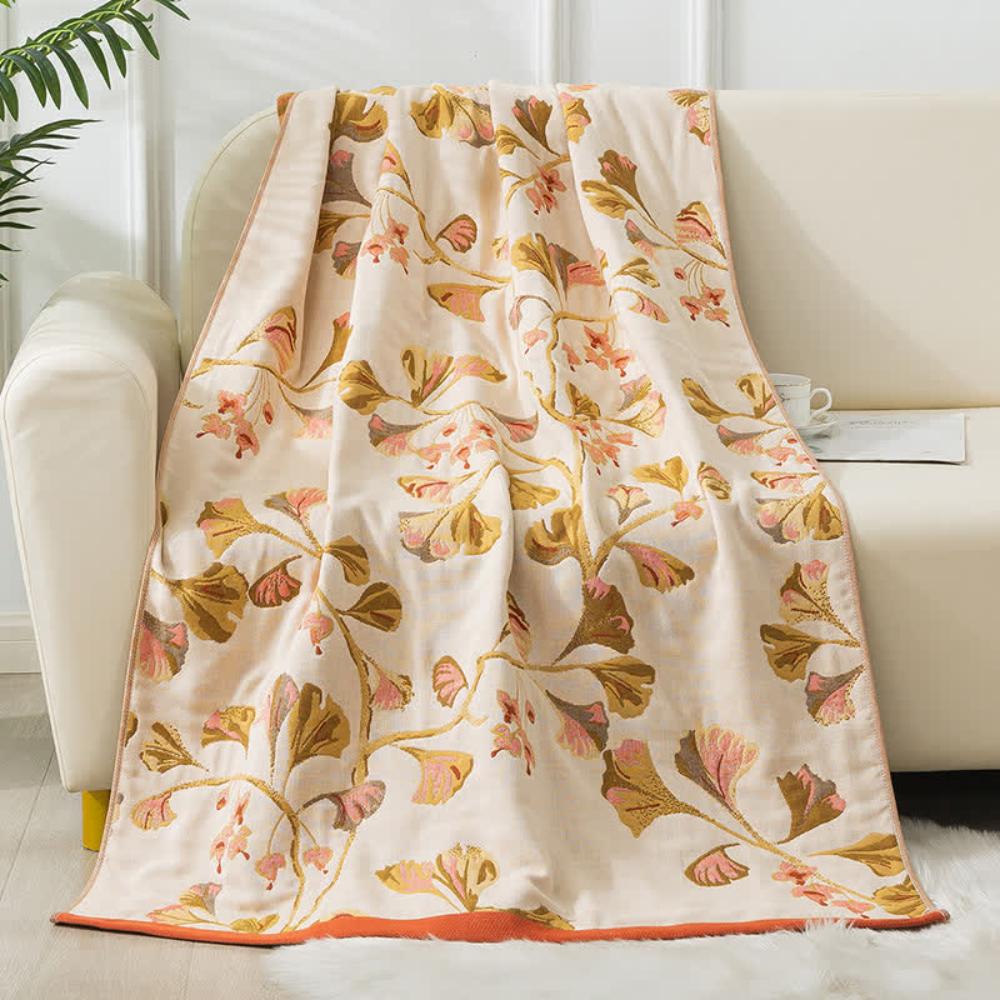 Serviette en gaze de coton feuilles de ginkgo – Beige & Orange