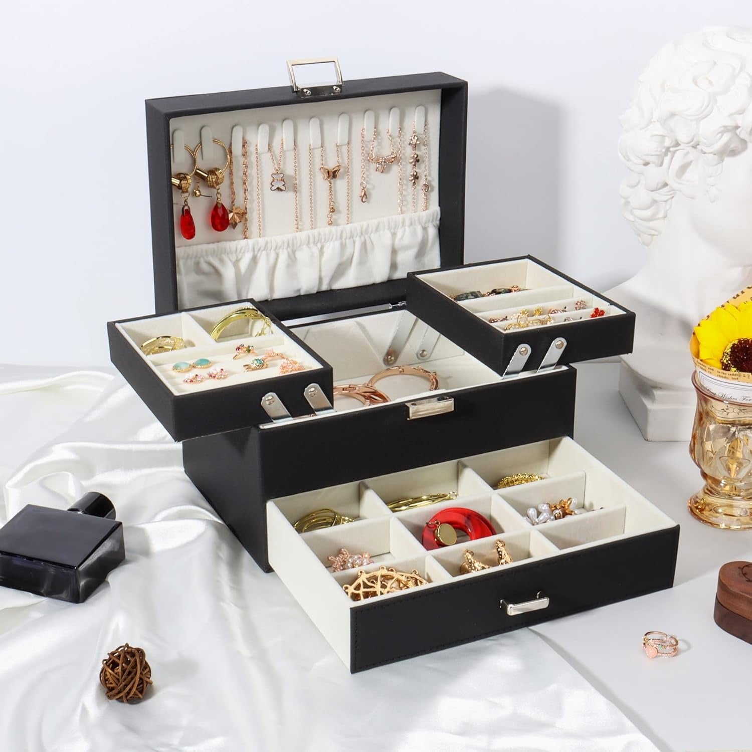 Boîte à Bijoux Multi-Rangements En Cuir
