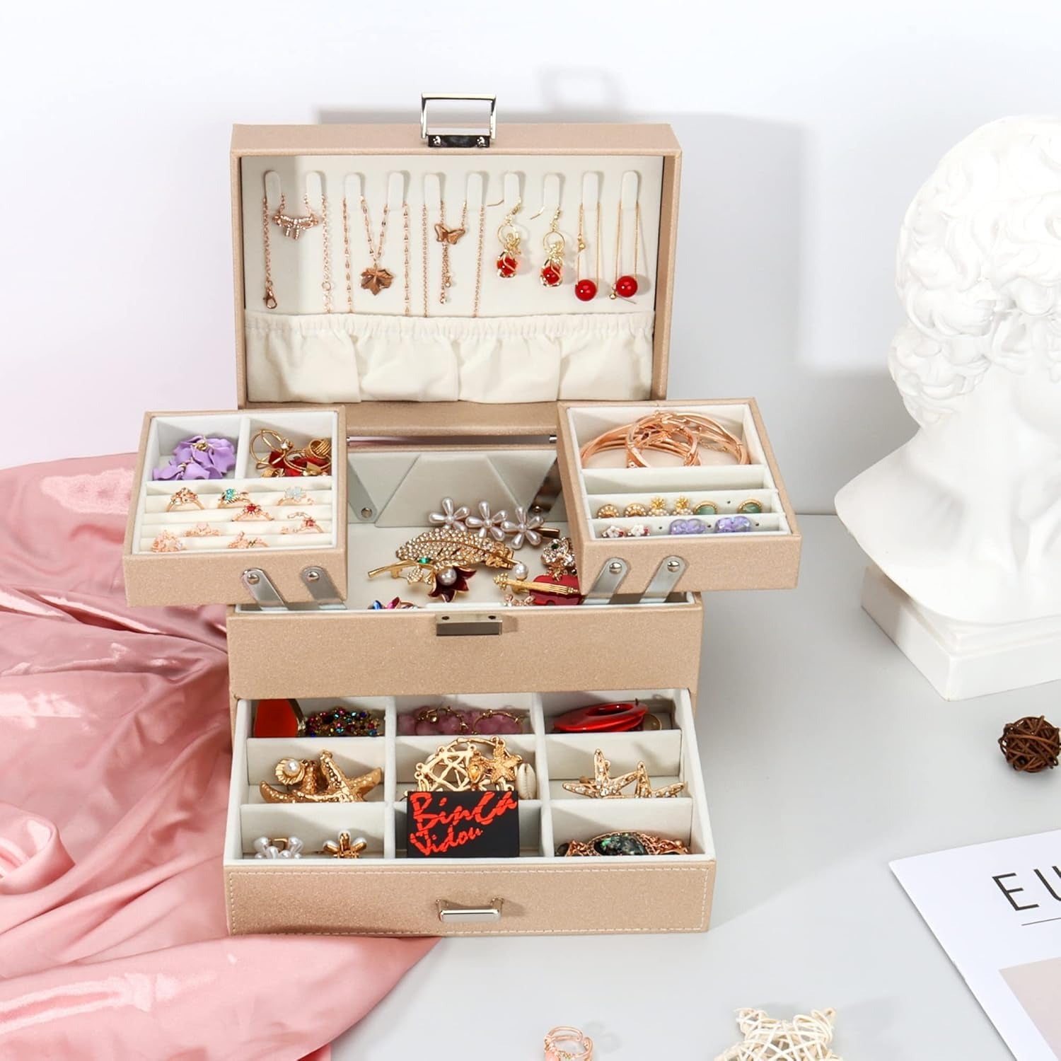 Boîte à Bijoux Multi-Rangements En Cuir