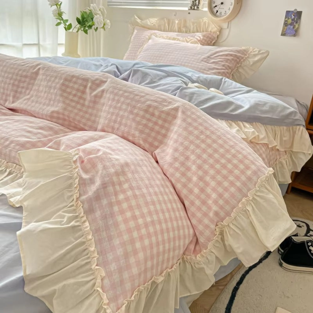 Parure de lit vichy à volants – Rose poudré Gingham