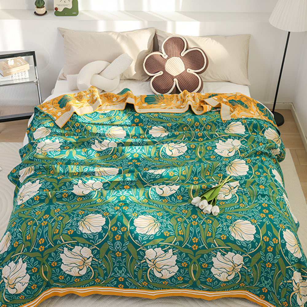 Plaid en coton botanique vert