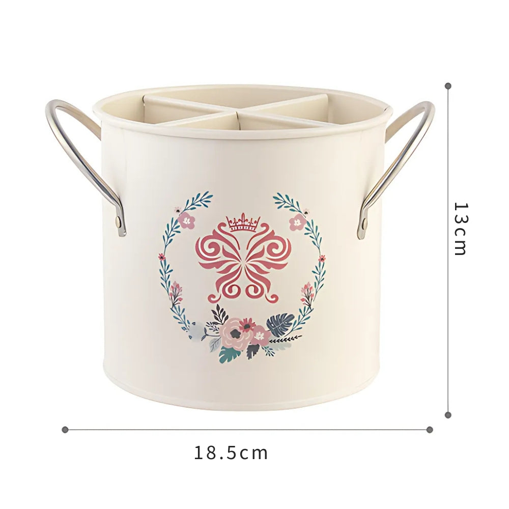 Panier à ustensiles fleuri avec couvercle séparateur