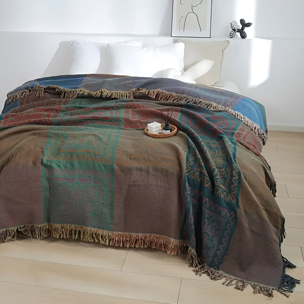 Plaid en coton à pompons mandala