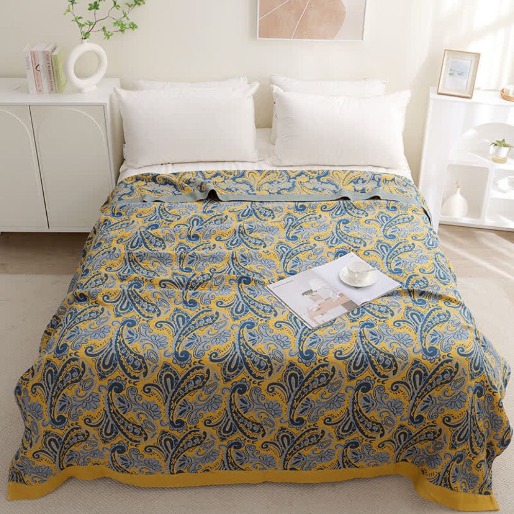 Plaid en coton rétro bleu azur et doré – 59"x79"