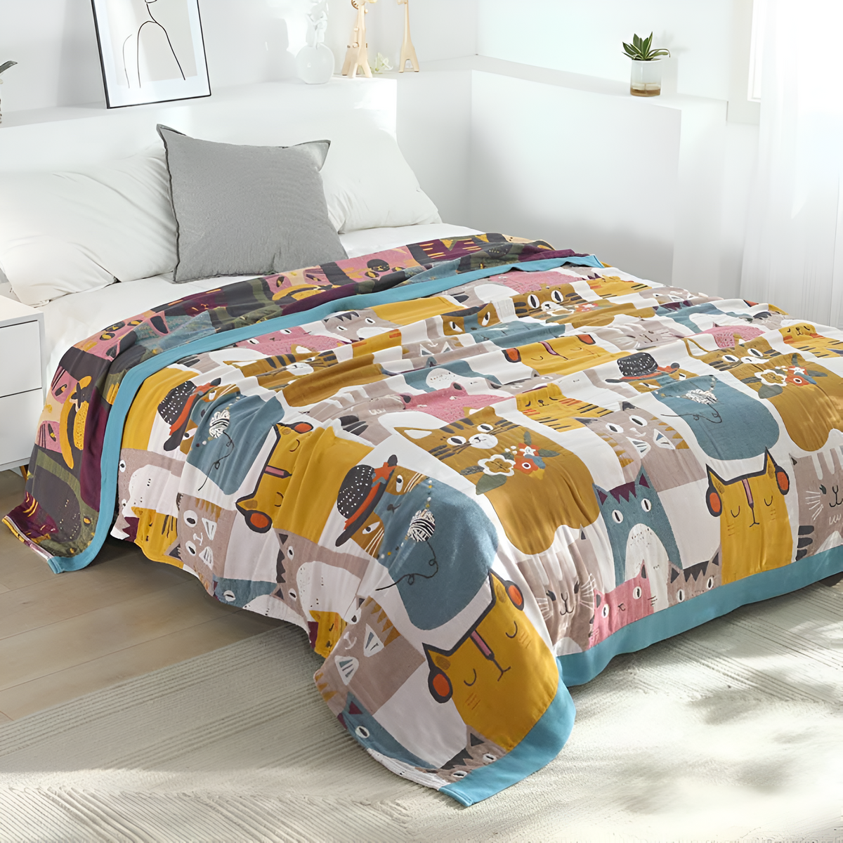 Plaid réversible en coton motif chats – 59"x79"