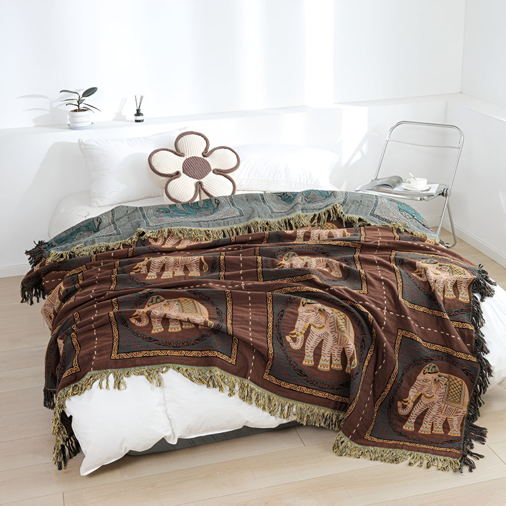 Plaid en coton à pompons éléphants bohème – Foncé Café