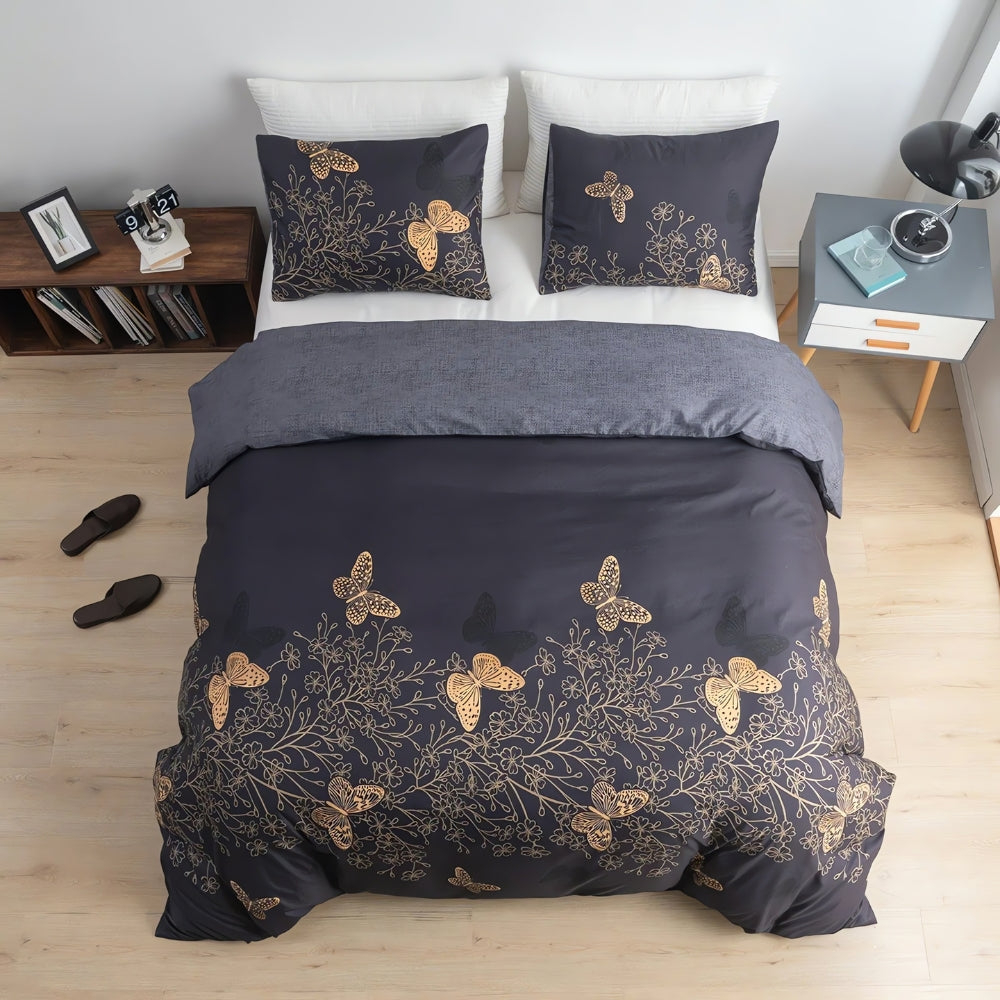 Parure de couette Valora papillons dorés | 3 pièces