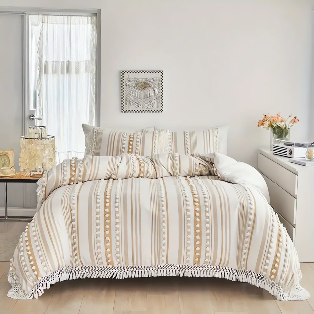 Parure de couette rayée à pompons | 3 pièces – Gris